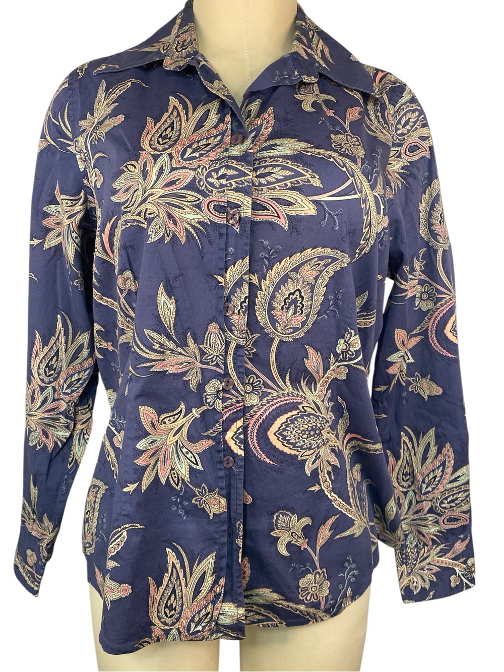Coldwater Creek Navy Paisley Button-Front Blouse Women’s Medium